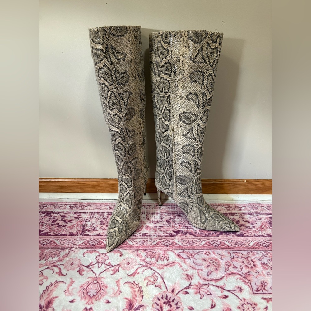 Express Snakeskin Pointed Toe Thin Heeled Tall Boots